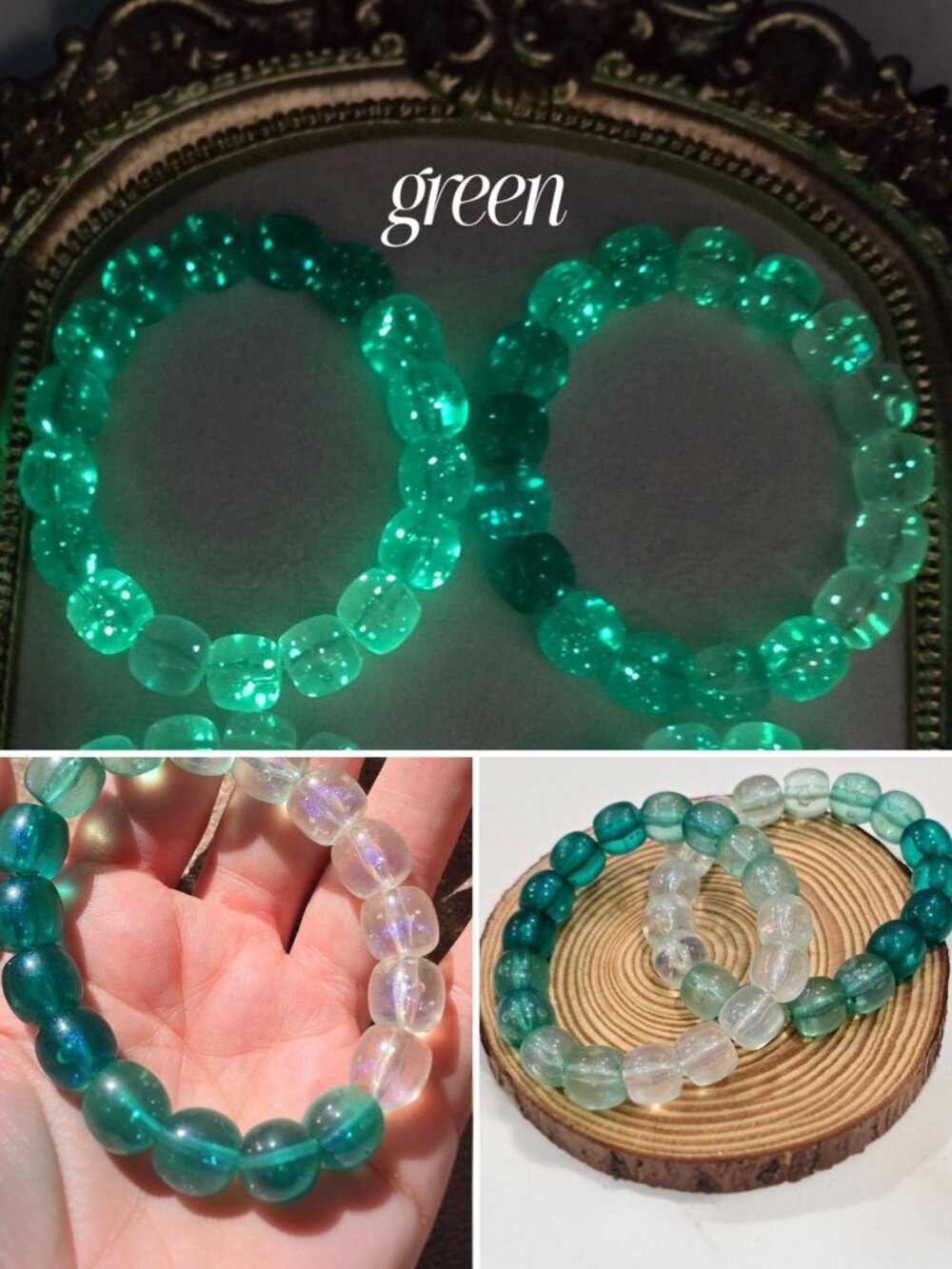 Handmade ✦ Green Ombre Glow‑In‑The‑Dark Bracelet ✦ Sparkling 10mm Beads NWT